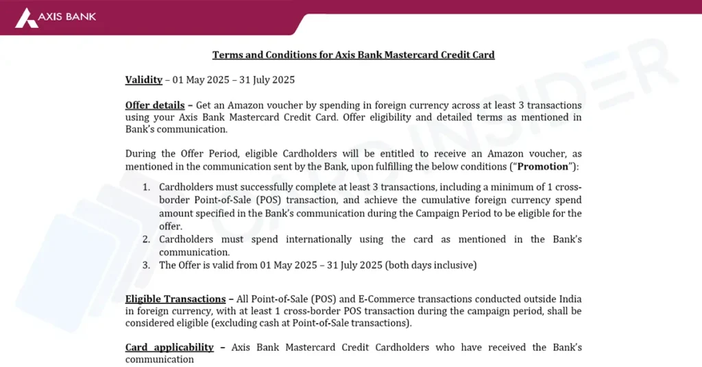 Terms and conditions for Axis Bank Mastercard credit card offers
