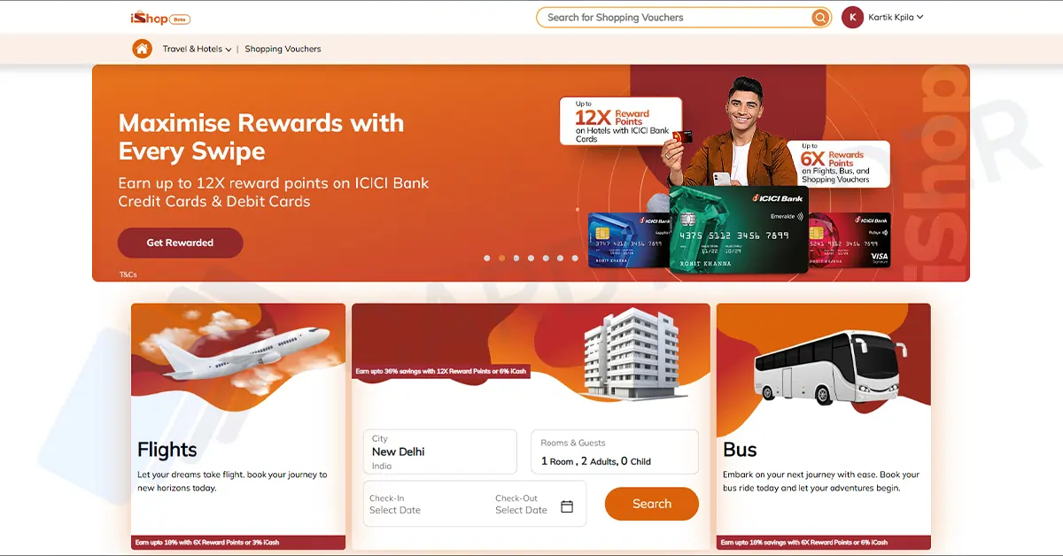 ICICI Bank iShop Rewards Portal homepage with travel, hotel, and voucher offers