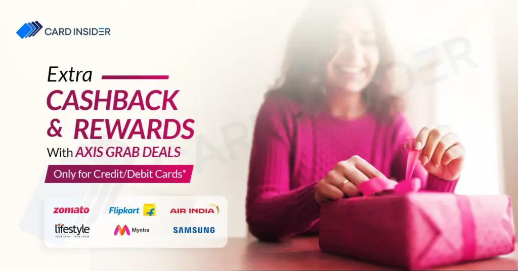 Woman unwrapping a pink gift box showcasing Axis Bank Grab Deals extra cashback and rewards offers.